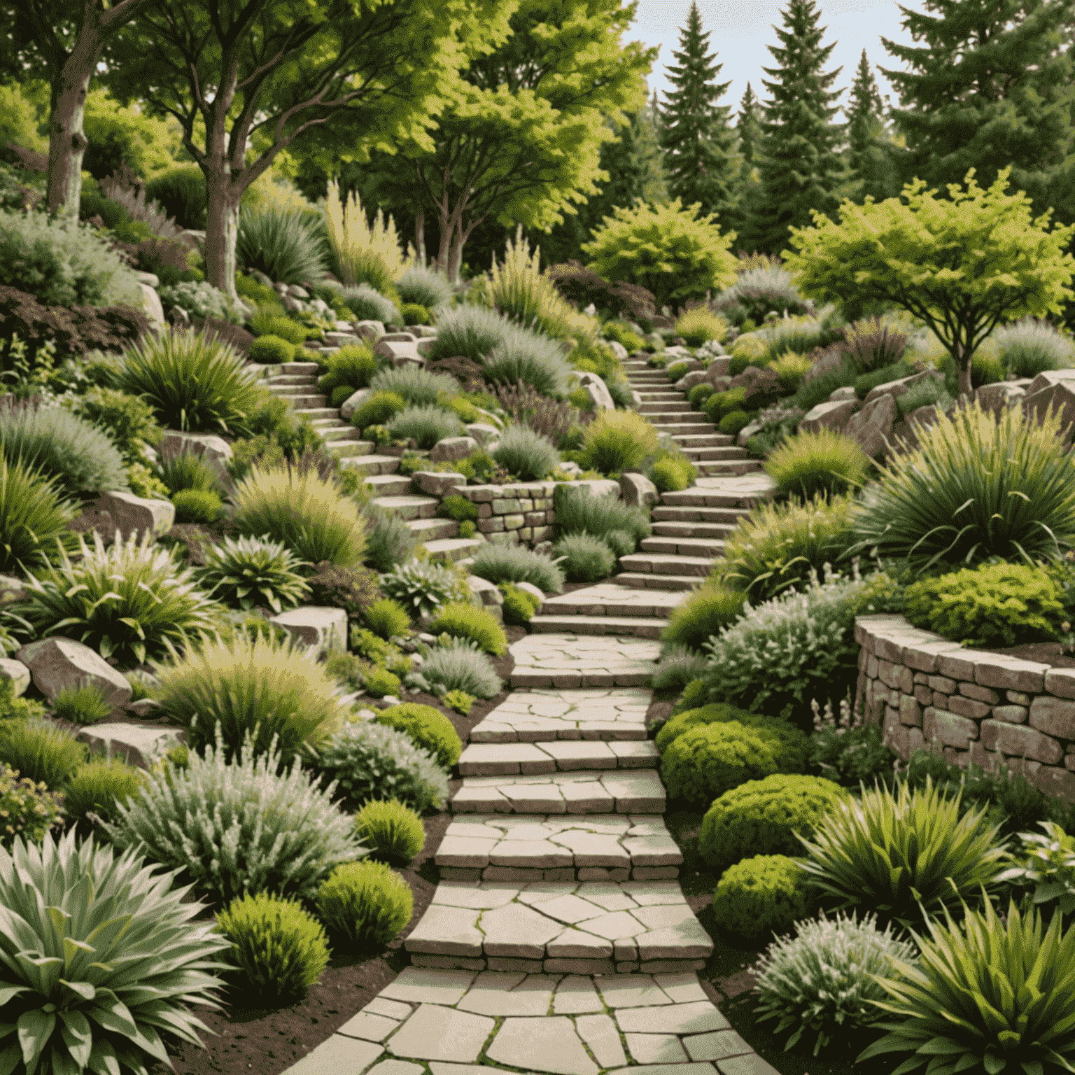 Un hermoso jardín con terrazas escalonadas, plantas autóctonas y un camino sinuoso que conduce a un área de descanso. Los colores predominantes son verdes suaves y tonos terrosos.