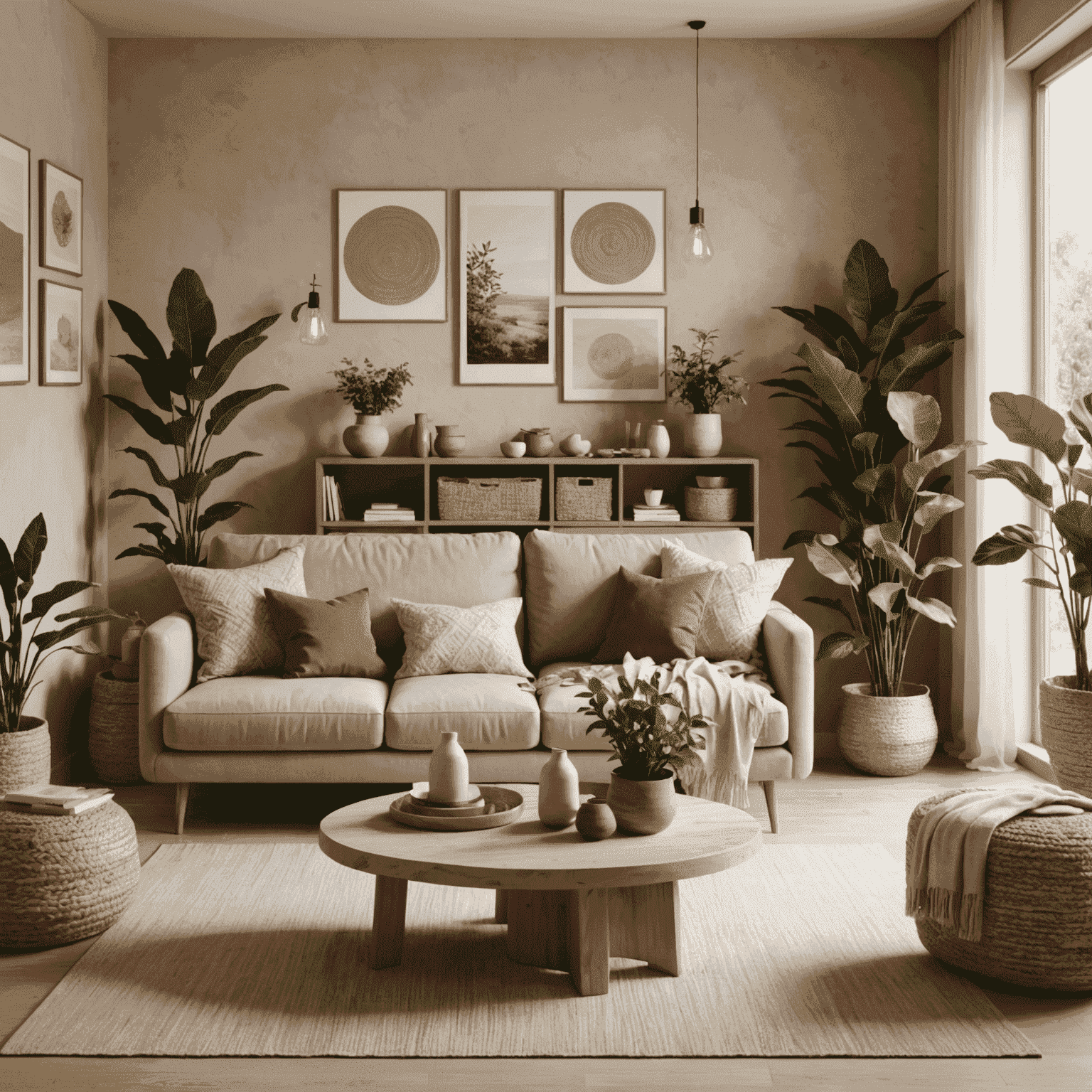 Sala de estar decorada en estilo Soft Terra con textiles naturales, accesorios de madera y plantas