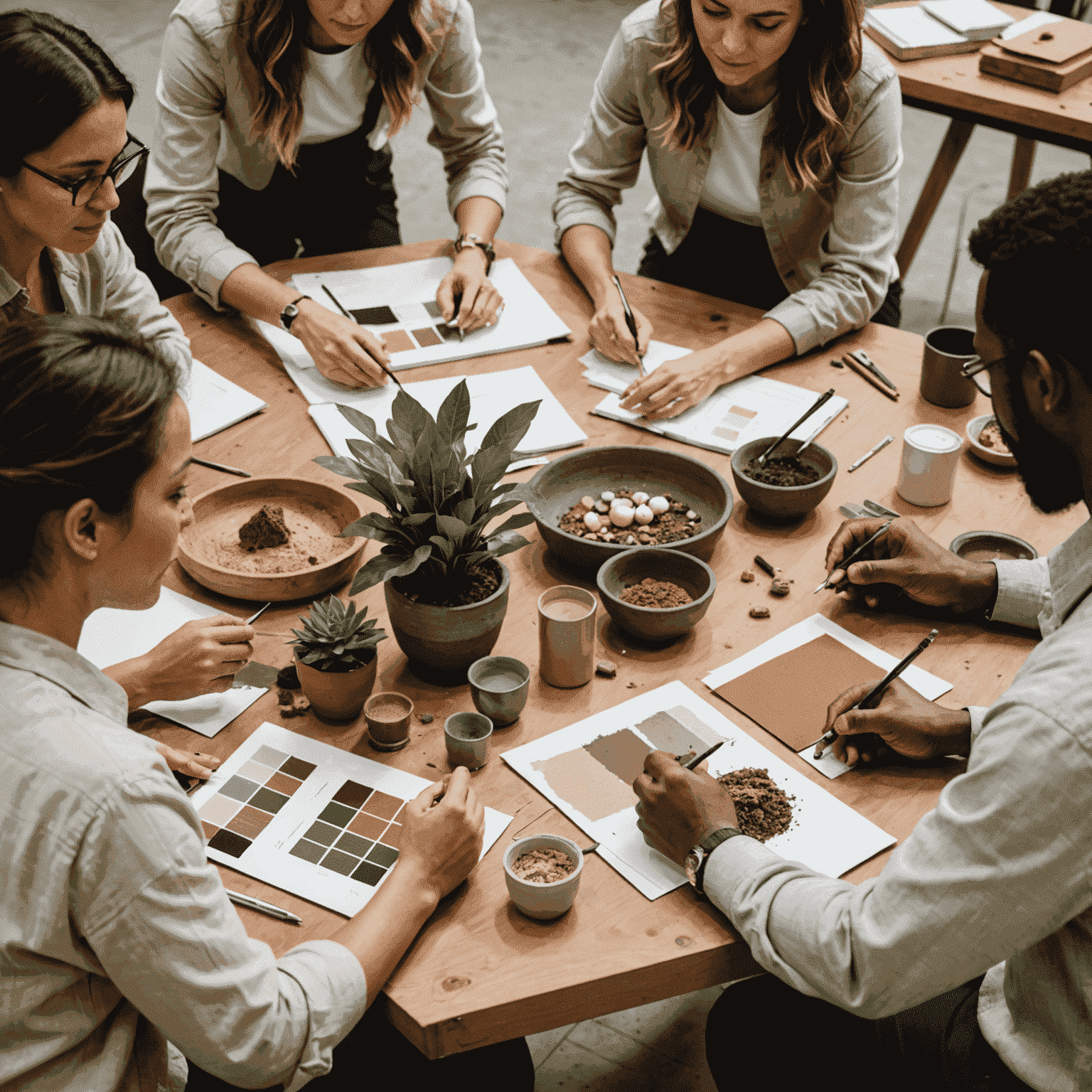 Un grupo de personas participando en un taller de diseño de interiores, trabajando con muestras de materiales naturales y paletas de colores tierra