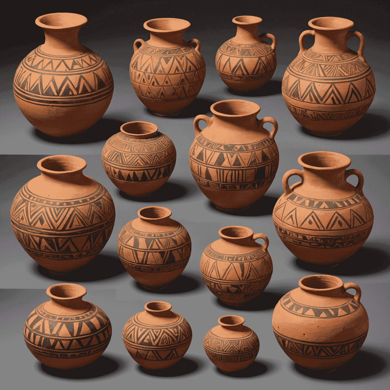 Colección de vasijas de terracota antiguas con diseños geométricos
