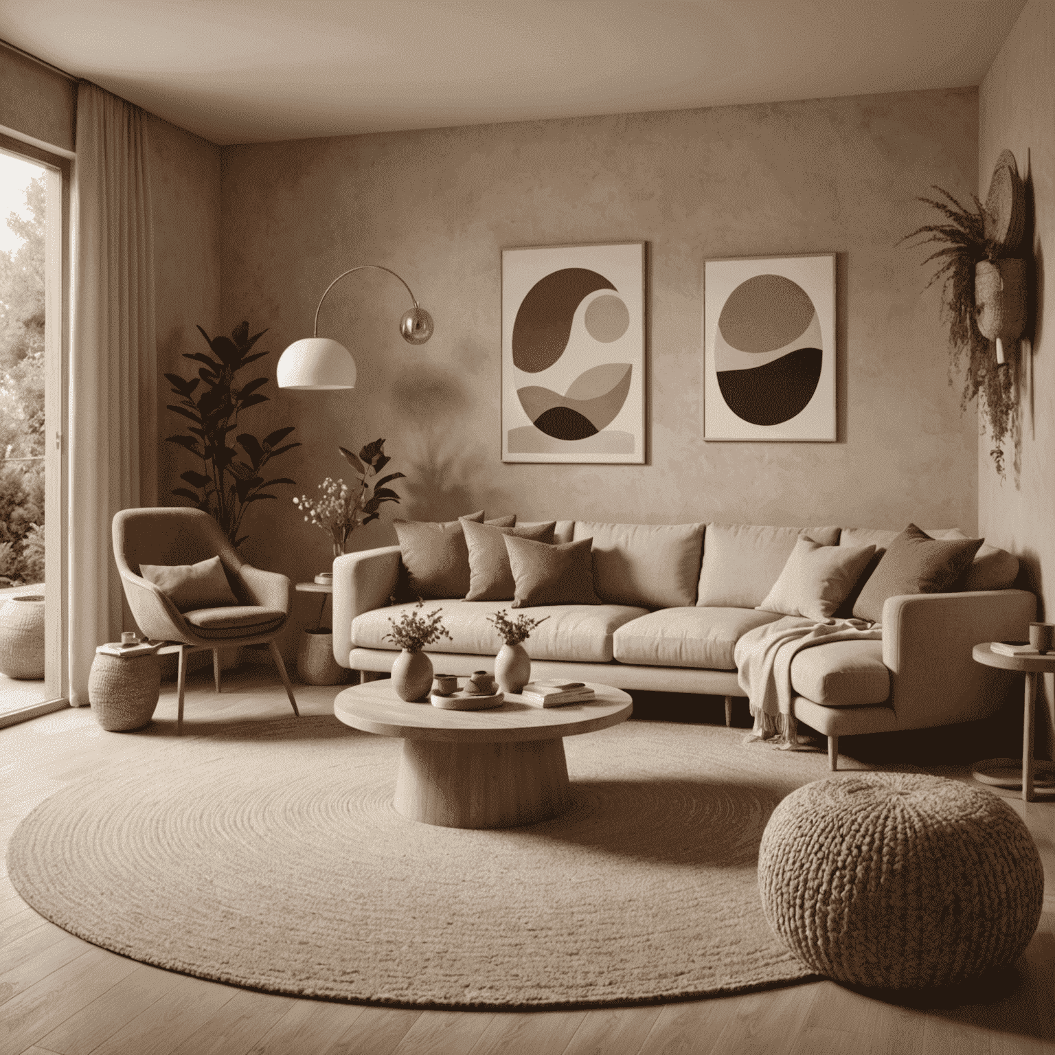 Imagen de un interior acogedor con tonos tierra suaves, formas redondeadas y materiales naturales, representando el diseño de interiores Soft Terra
