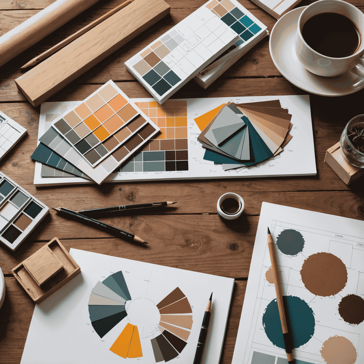 Proceso de diseño de interiores mostrando muestras de color, texturas y bocetos de diseño sobre una mesa de madera