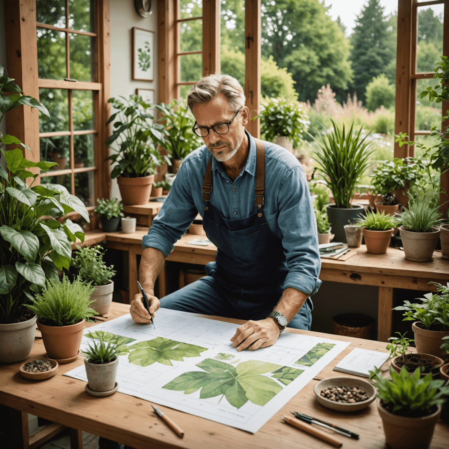 Un diseñador de paisajes trabajando en un plano de jardín, rodeado de muestras de plantas y materiales naturales. El ambiente es cálido y acogedor, con luz natural filtrándose por una ventana cercana.