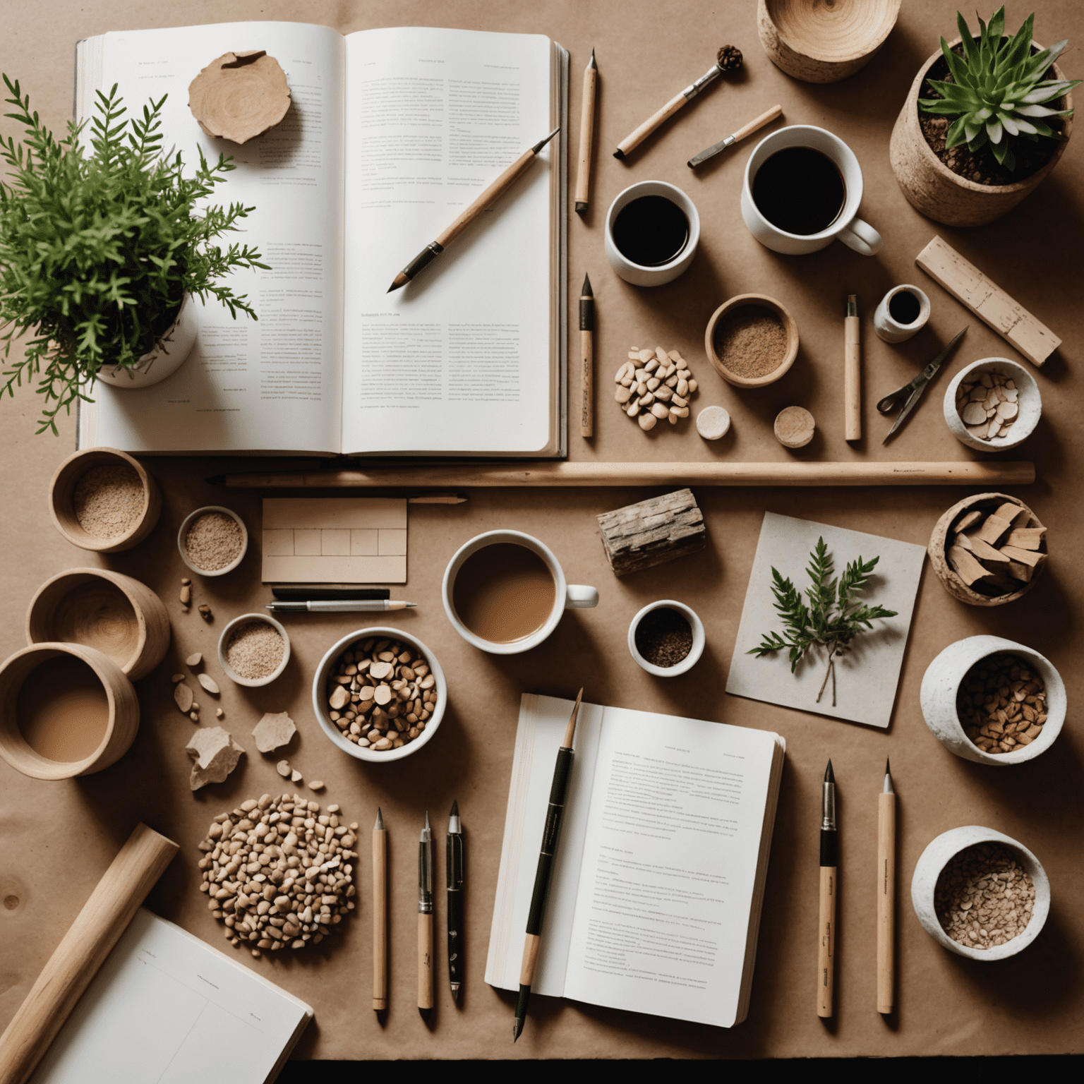 Un espacio de trabajo creativo con muestras de materiales naturales, libros de diseño y herramientas para crear moodboards
