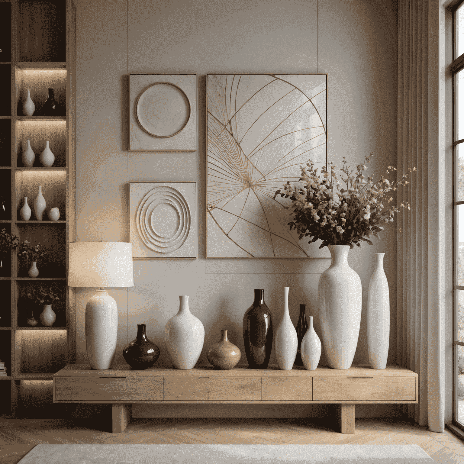 Interior moderno con elementos cerámicos: jarrones, lámparas y paneles decorativos