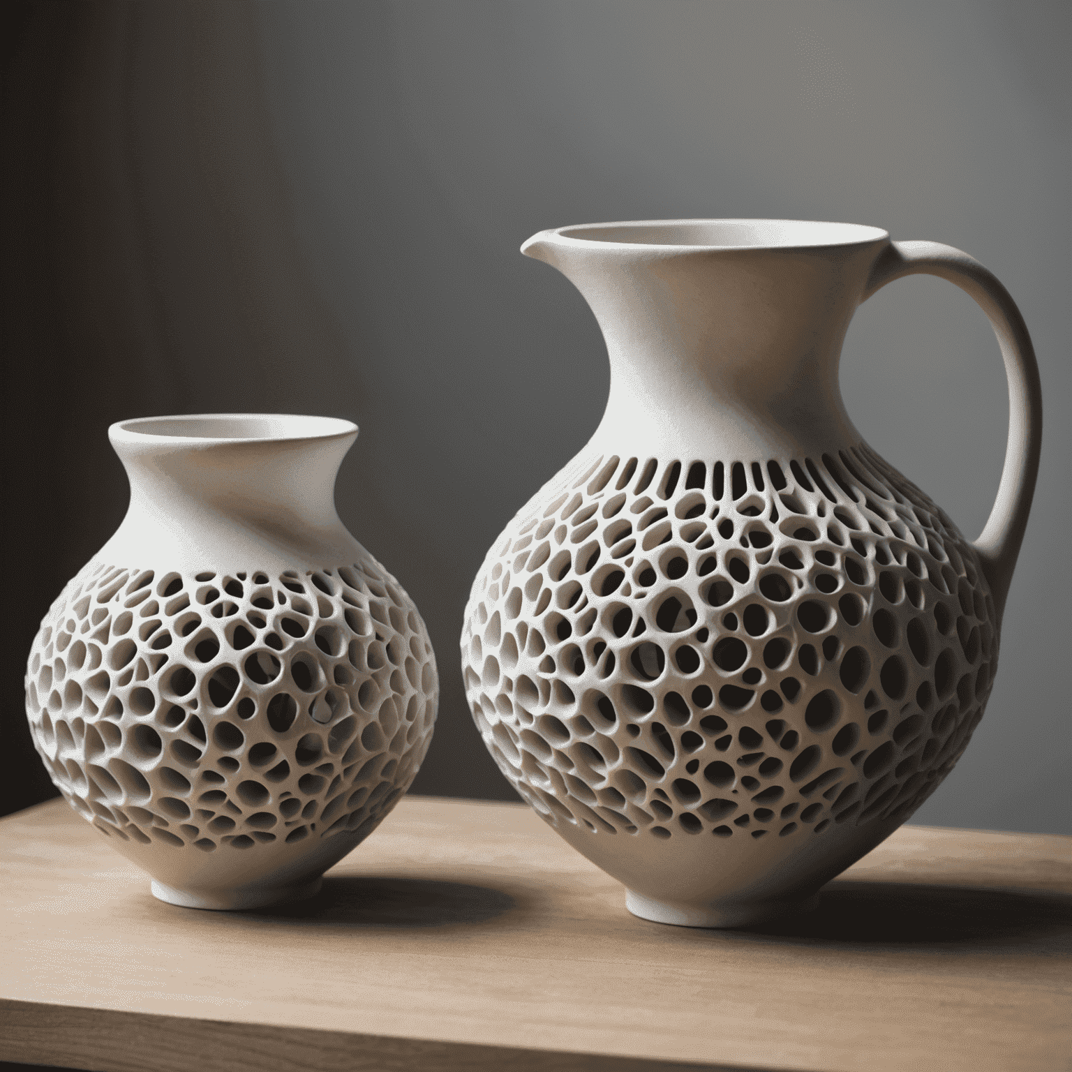 Pieza de cerámica futurista creada con impresión 3D junto a una vasija tradicional hecha a mano