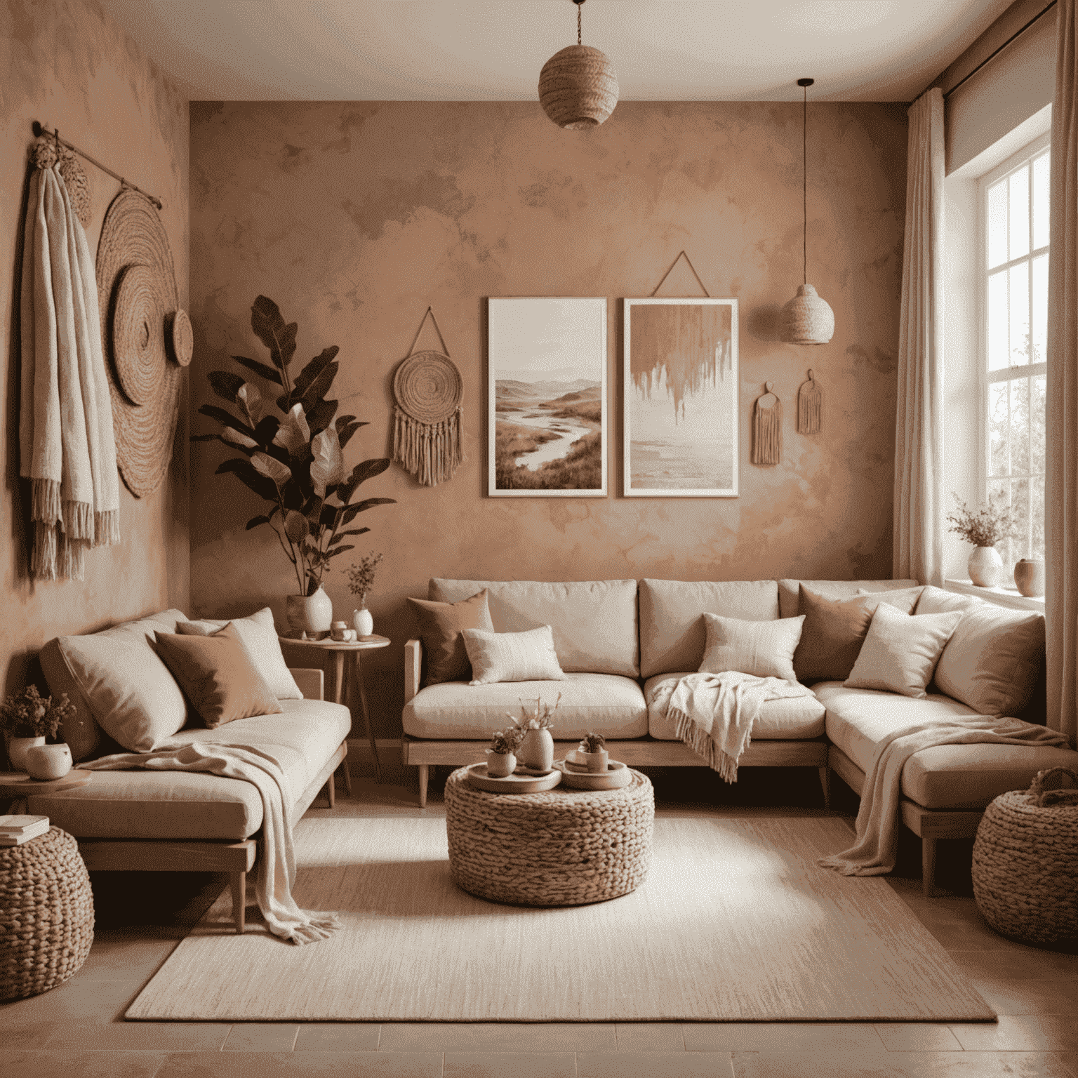 Imagen de una habitación decorada con textiles, accesorios y elementos decorativos en estilo Soft Terra